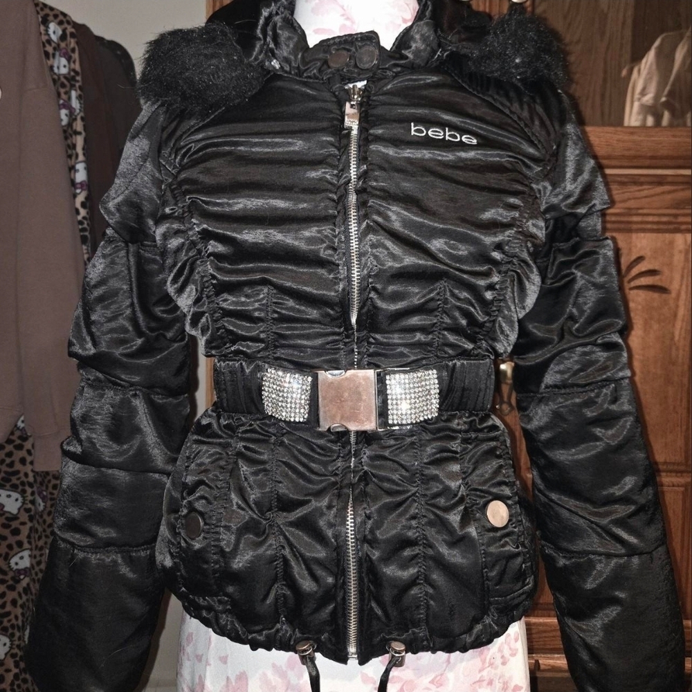 Bebe Vintage Black Puffer Jacket with Belt